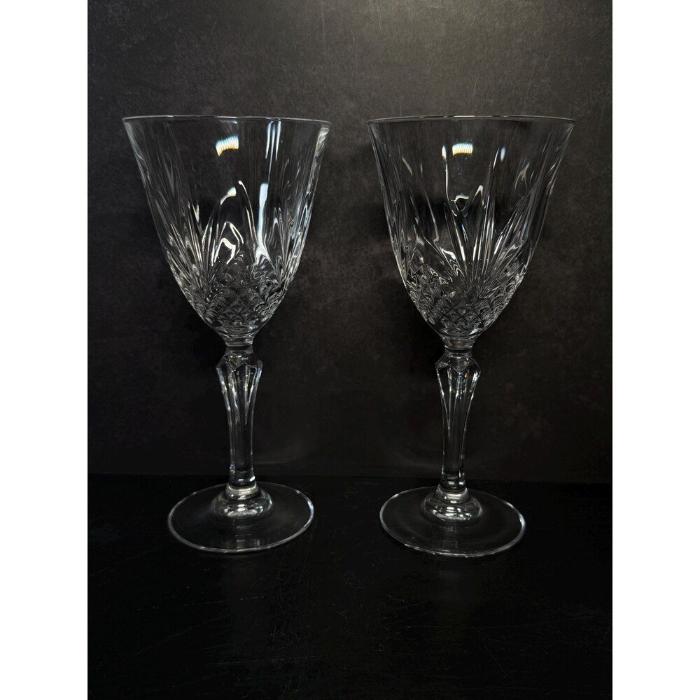 Pressed Crystal Wine Glasses Pair Diamond Panel Cut Style Stemware 7.25"
